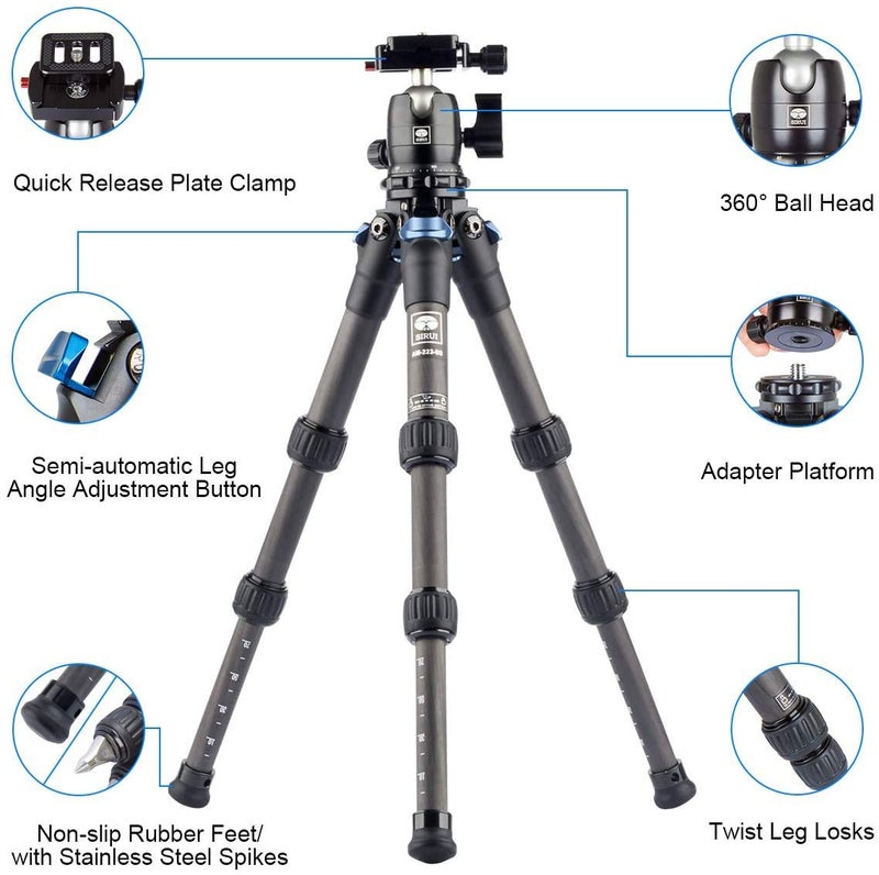 SIRUI AM-223 Carbon Fiber Camera Tripod Mini Travel Compact Tripod with 360Â° B-00K Ball Head, Arca Swiss Quick Release Plate, Loads up 15KG, Max Height 16", Folded Height 12.1",Black - Image 2